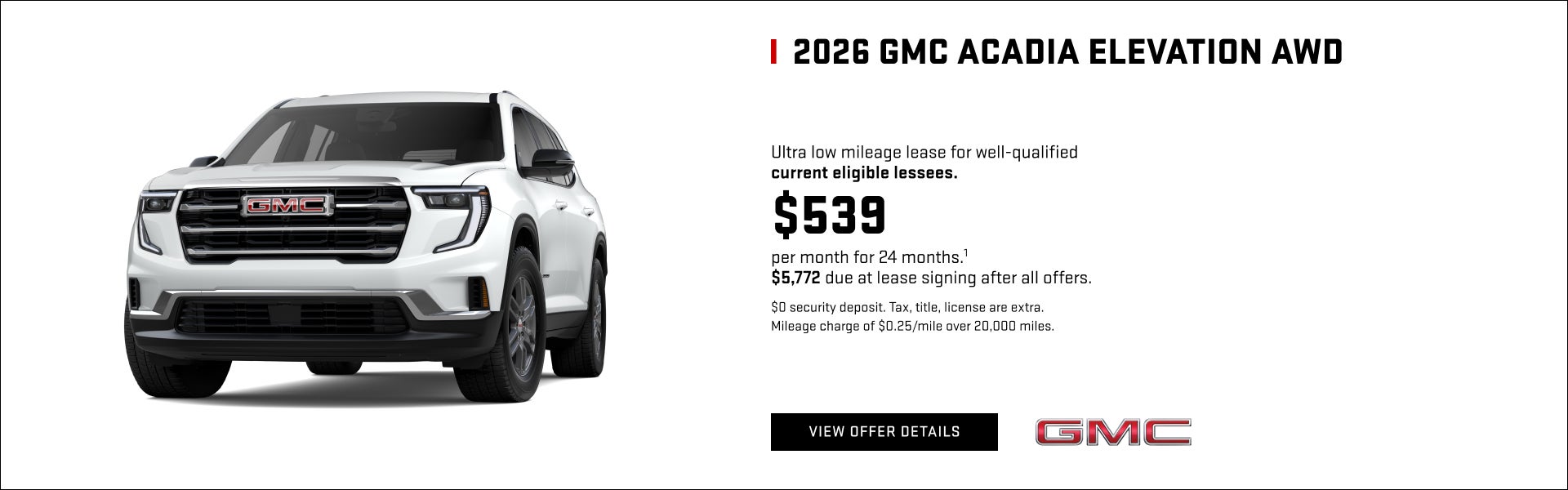 Ultra low mileage lease for well-qualified current eligible lessees.

$539 per month for 24 month...